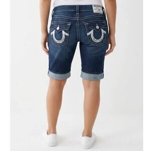 True Religion Jeans Cuffed Sequin Bermuda Denim Shorts Sz 29 Dark Wash Low Rise